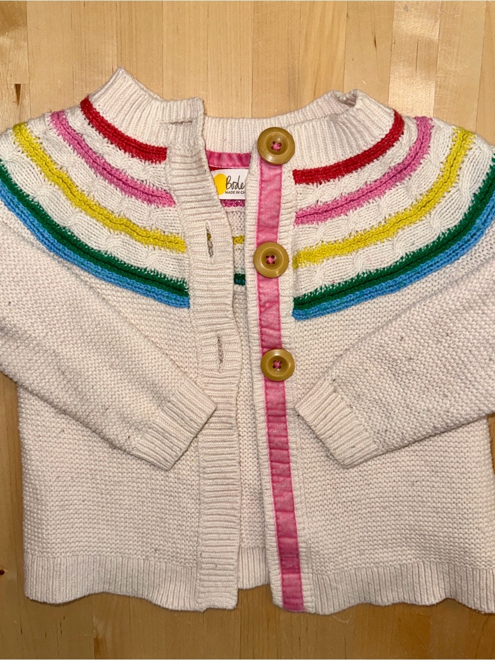 Boden Cream Knit Cardigan with Rainbow Yoke and Pink Trim 2-3T